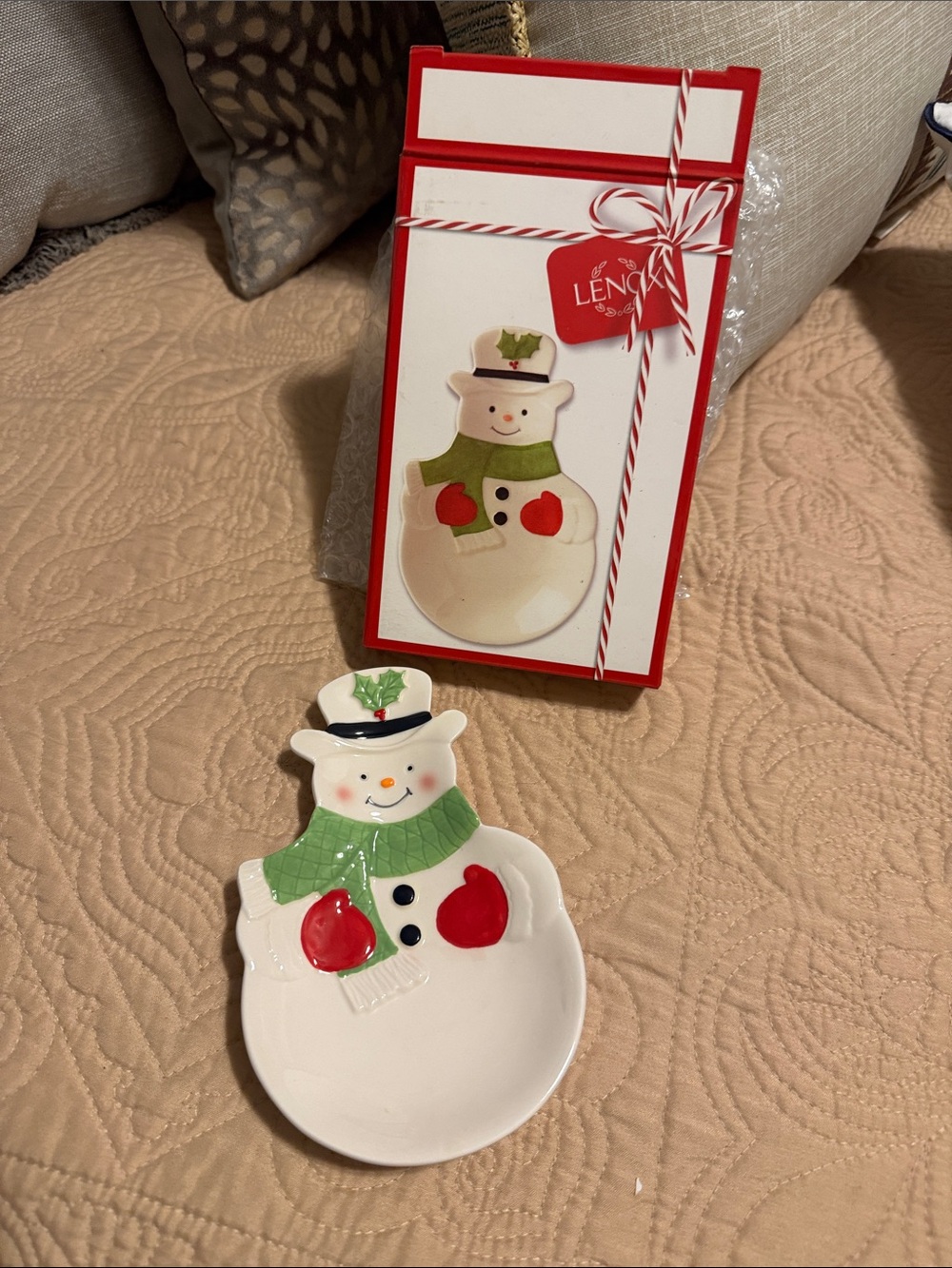Lenox White Snowman Snack Dish with Red & Green Accents